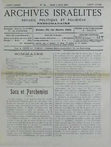 Archives israélites de France. Vol.75 N°14 (02 avr. 1914)
